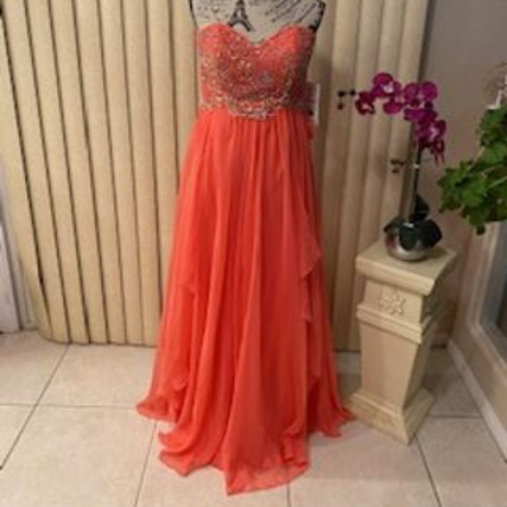 *Sale* Gorgeous Coral Chiffon Strapless Embellished Formal Evening Gown